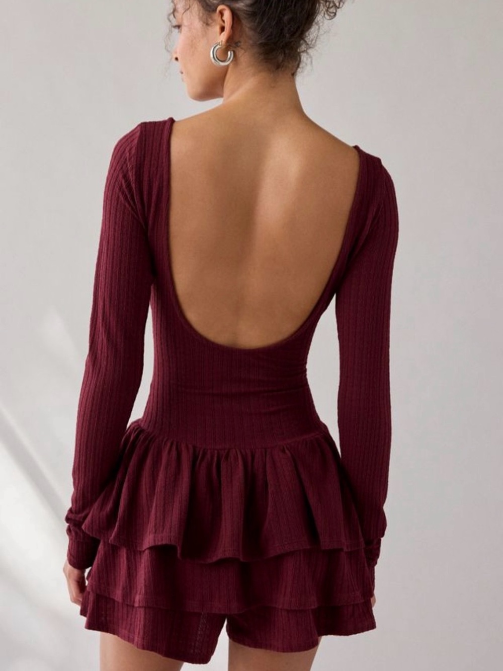 NWT Kimchi Blue Ruffled Up Basque Waist Knit Romper Dark Red L